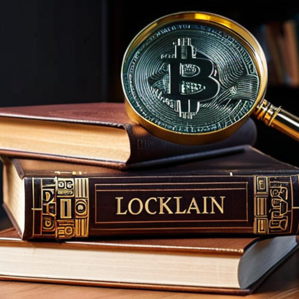 **A stack of lesser-known books about blockchain technology. The books have intriguing titles suggesting niche topics within blockchain like logistics, RWA tokenization, and cryptocurrency portfolio security. The scene is set in a cozy, dimly lit study, with a magnifying glass resting on the top book, implying hidden knowledge and discovery.**