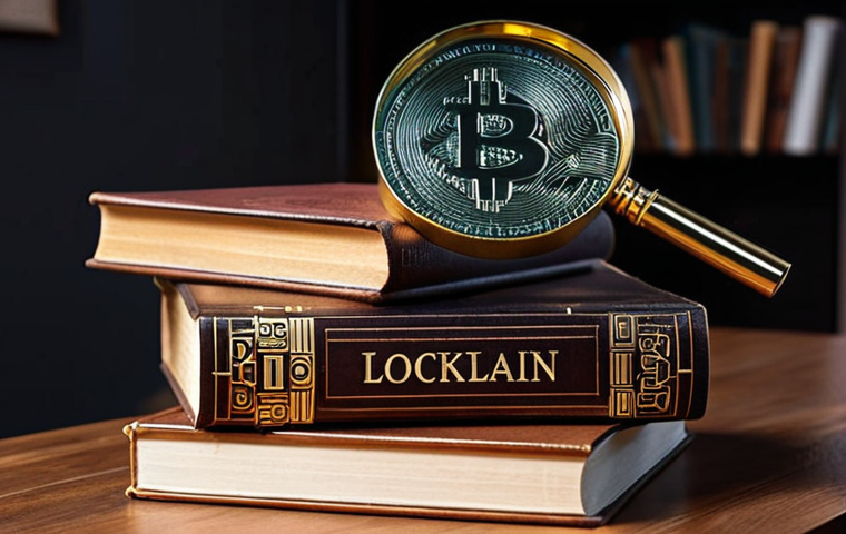**A stack of lesser-known books about blockchain technology. The books have intriguing titles suggesting niche topics within blockchain like logistics, RWA tokenization, and cryptocurrency portfolio security. The scene is set in a cozy, dimly lit study, with a magnifying glass resting on the top book, implying hidden knowledge and discovery.**